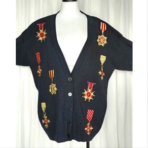Vintage 80s medals of honor crest badge black plus size cardigan sweater XL  XXL